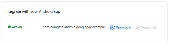 Stav schválení aplikace označený jako „Aktivní“ v Google Pay Console