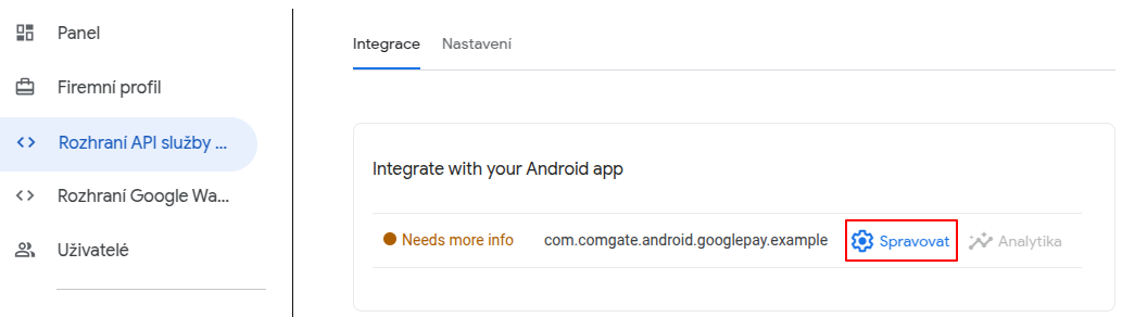 App selection from left menu in Google Pay API UI