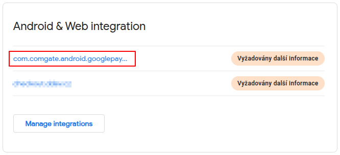 Výběr aplikace z hlavní stránky Google Pay Console