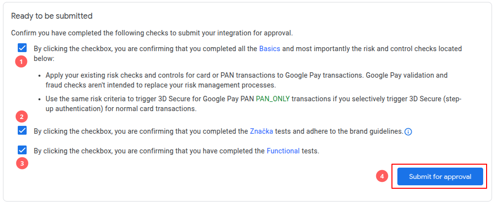 Odeslání žádosti o schválení v Google Pay Console